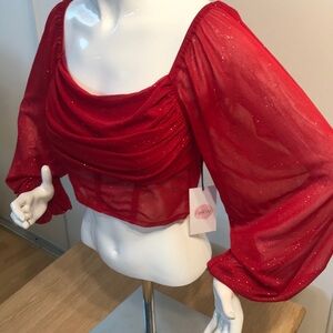 Red Sparkle Puff-Sleeve Sheer Crop Top